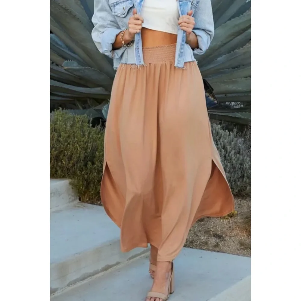 SOLD OUT Camel Smocked Waist Side Slit Pocket Maxi Skirt - Picture 4 of 6